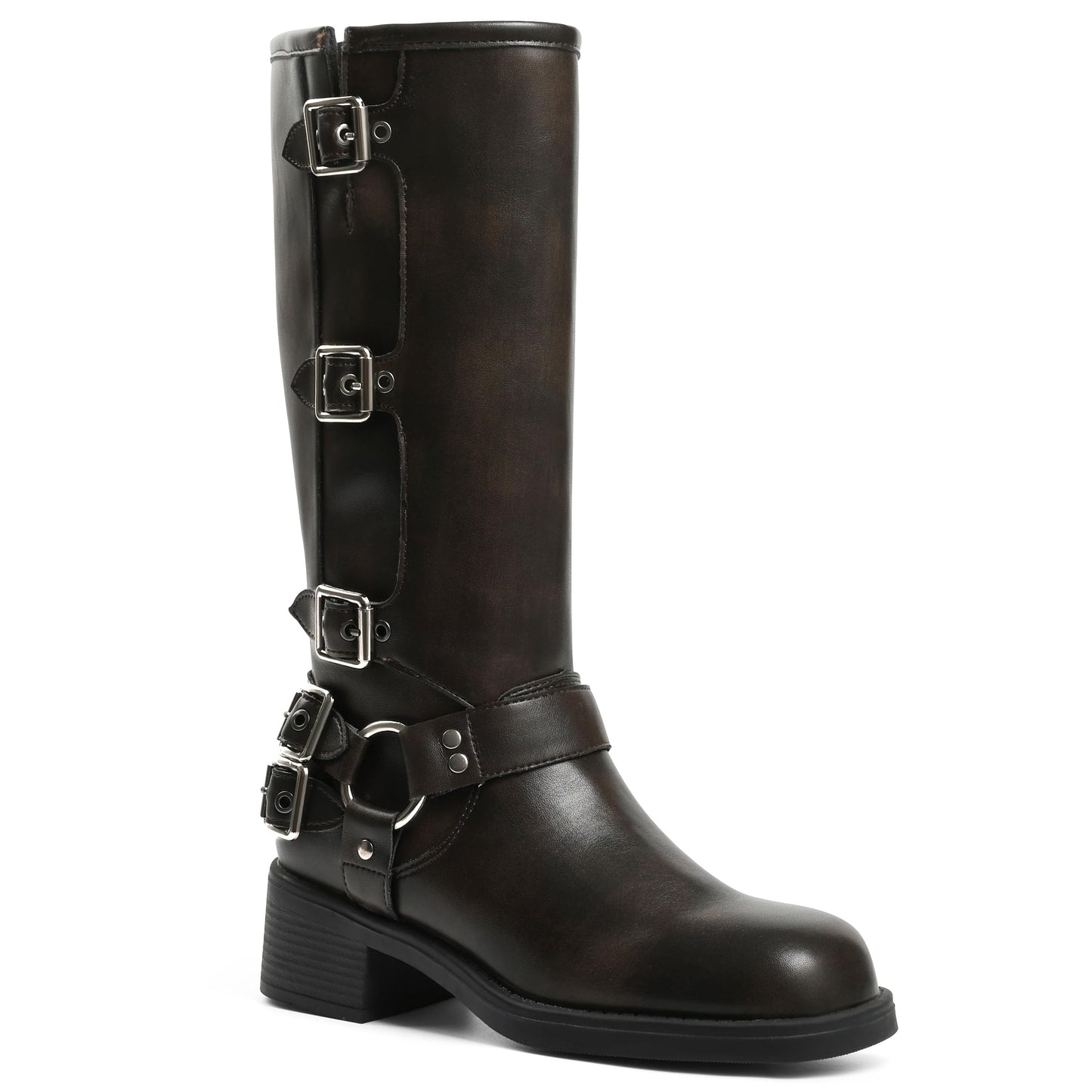 Square Toe Knee High Riding Boots with Buckles