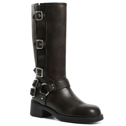 Square Toe Knee High Riding Boots with Buckles
