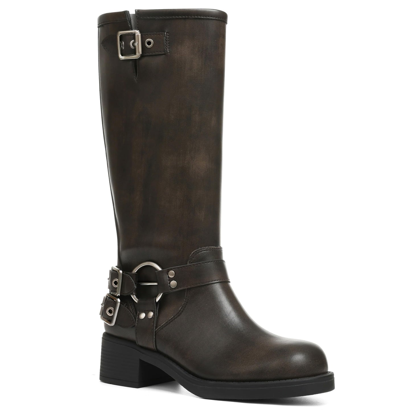 Square Toe Knee High Riding Boots with Buckles