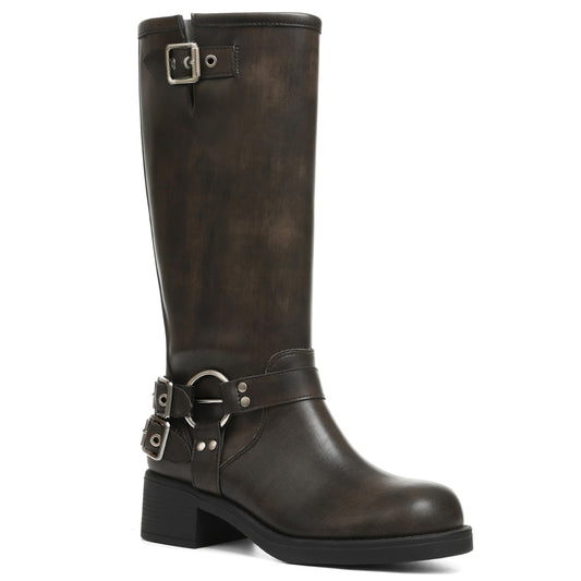 Square Toe Knee High Riding Boots with Buckles