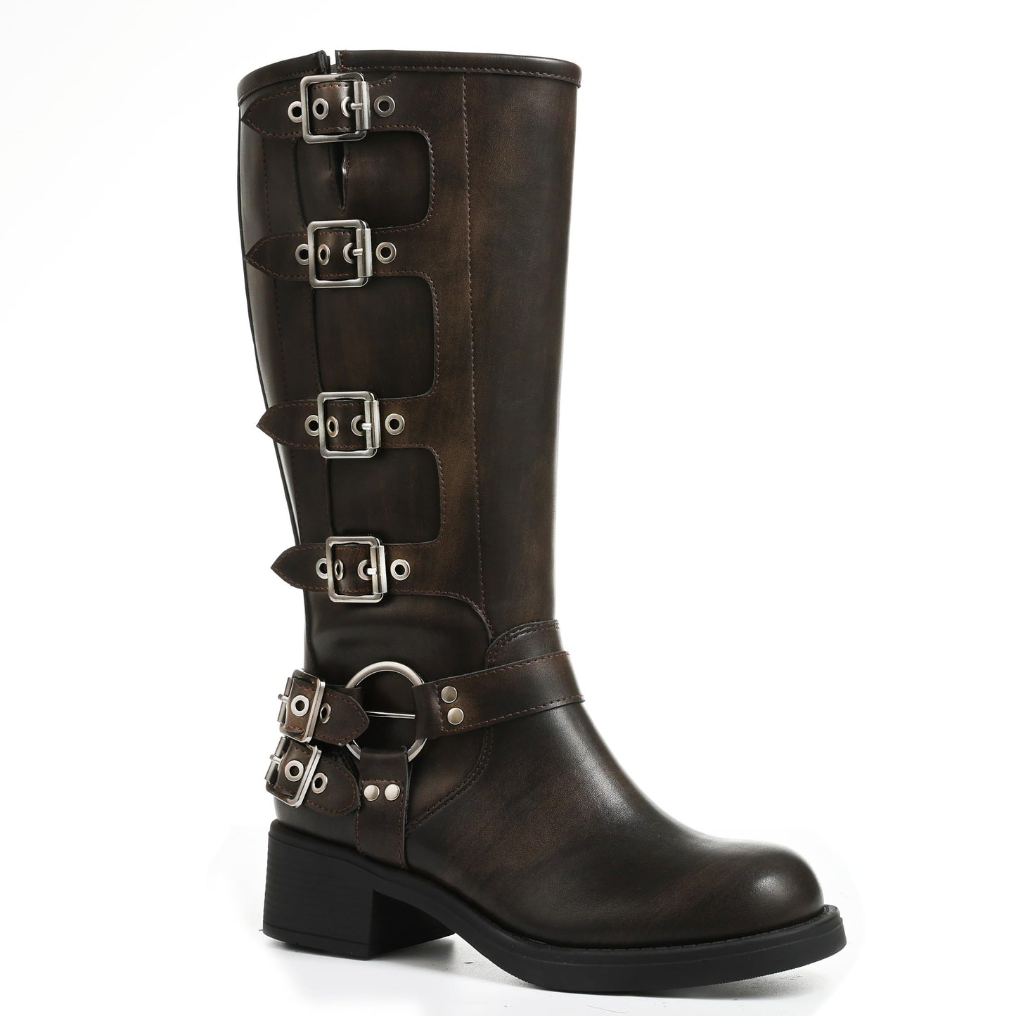 Square Toe Knee High Riding Boots with Buckles