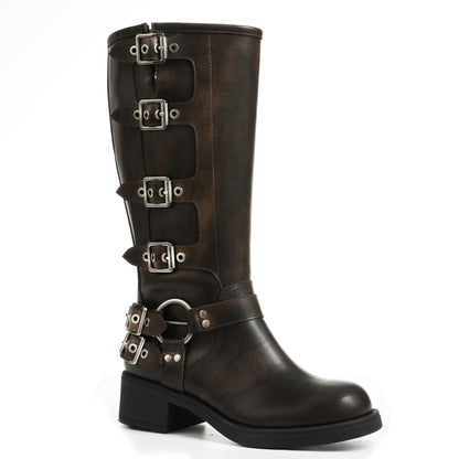 Square Toe Knee High Riding Boots with Buckles