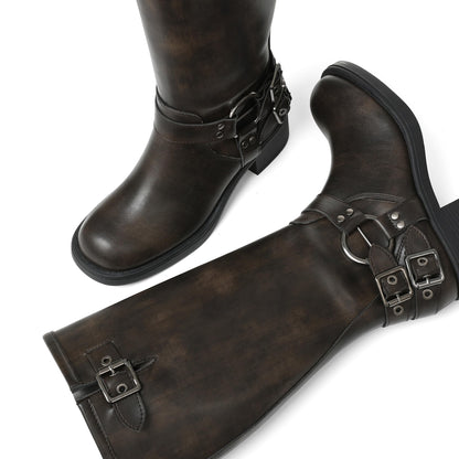 Square Toe Knee High Riding Boots with Buckles