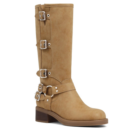 Square Toe Knee High Riding Boots with Buckles