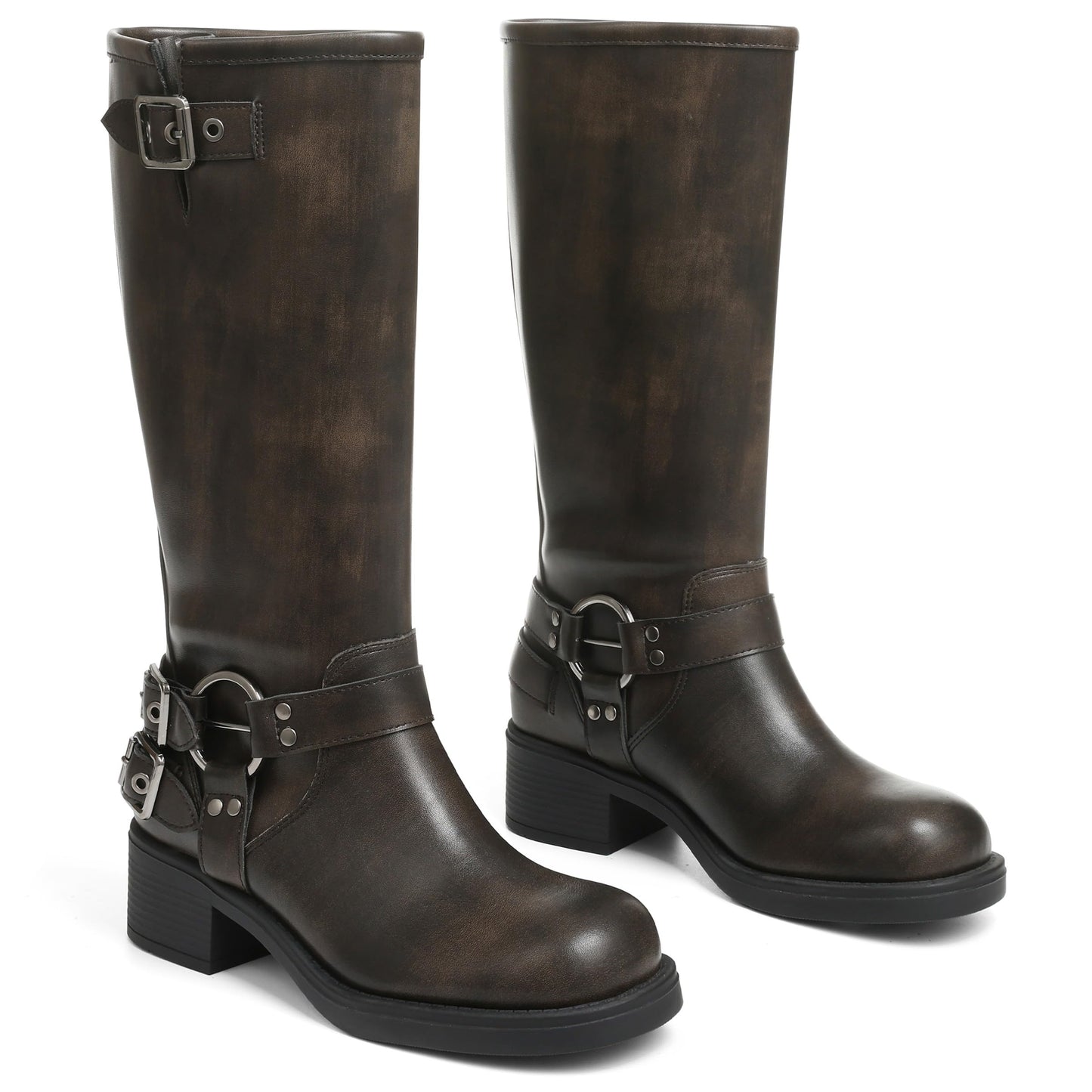 Square Toe Knee High Riding Boots with Buckles