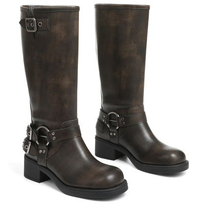 Square Toe Knee High Riding Boots with Buckles