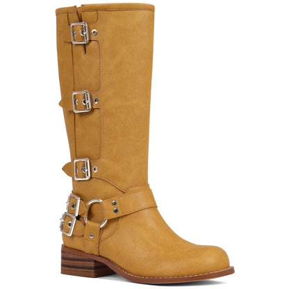 Square Toe Knee High Riding Boots with Buckles